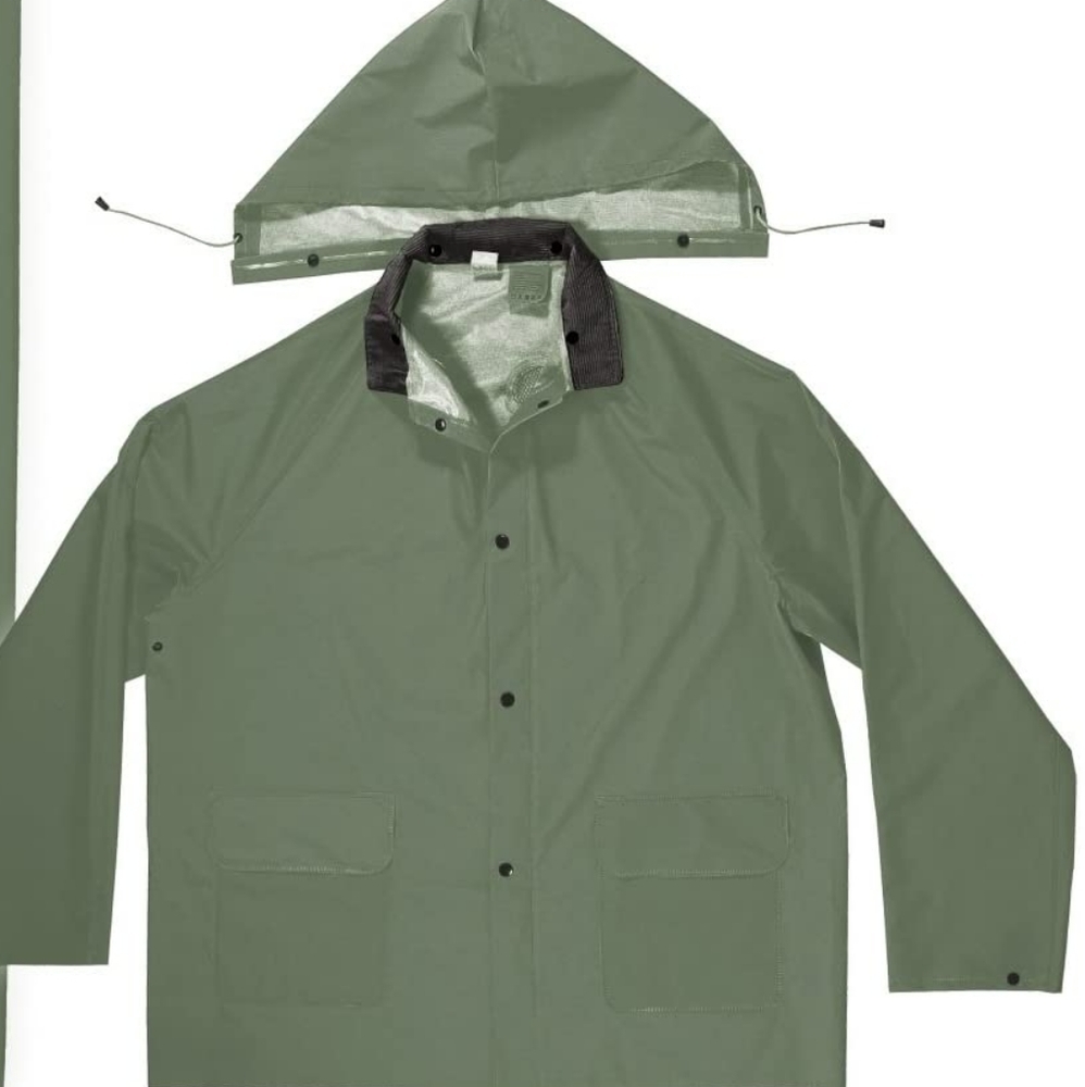 Custom PVC Nylon rain jacket, lightweight, water resistant, hood, green, large